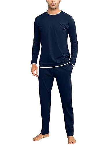 Aseniza Herren Schlafanzug Lang Pyjama Baumwolle Winter Zweiteilige Pyjamas mit Langarmshirt und Schlafanzughose für Männer,Blau,XL von Aseniza