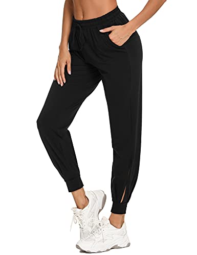 Aseniza Jogginghose Damen Sporthose Lang Baumwolle Trainingshose Sweathose High Waist mit Streifen für Sport Yoga Gym,Schwarz-1,XL von Aseniza