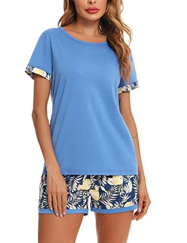 Aseniza Schlafanzug Damen Kurz Baumwolle Pyjama Set Rundhals Zweiteiliger Nachtwäsche Shorty Loungewear Sleepwear für Sommer,Dunkelblau-1272,L von Aseniza