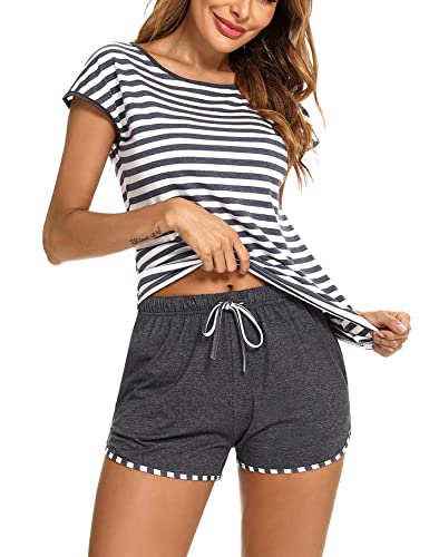 Aseniza Schlafanzug Damen Kurz Baumwolle Pyjama Set Rundhals Zweiteiliger Nachtwäsche Shorty Loungewear Sleepwear für Sommer,F-Grau,S von Aseniza