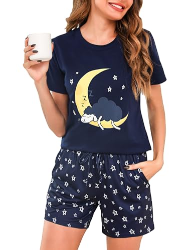 Aseniza Schlafanzug Damen Kurz Pyjama Baumwolle Shorty Set Kurzarm Nachtwäsche Frauen Loungewear Zweiteiliger Schlafanzüge Sleepwear für Sommer Blau，L von Aseniza