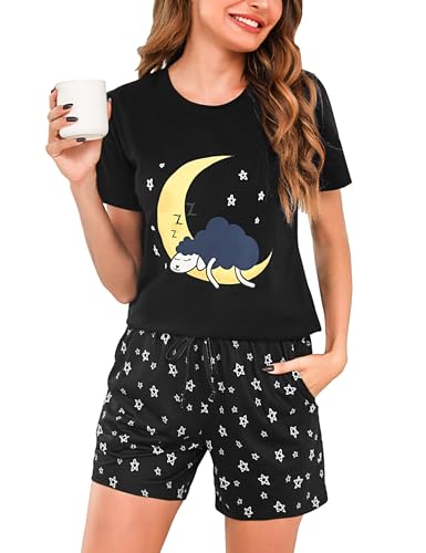 Aseniza Schlafanzug Damen Kurz Pyjama Baumwolle Shorty Set Kurzarm Nachtwäsche Frauen Loungewear Zweiteiliger Schlafanzüge Sleepwear für Sommer Schwarz，L von Aseniza