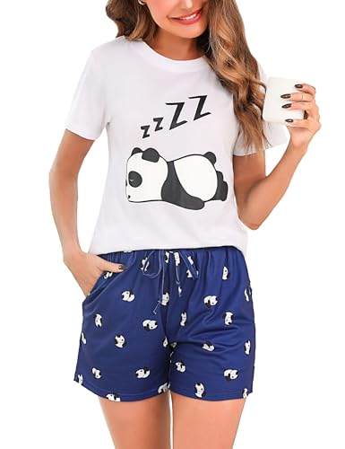 Aseniza Schlafanzug Damen Kurz Pyjama Baumwolle Shorty Set Kurzarm Nachtwäsche Frauen Loungewear Zweiteiliger Schlafanzüge Sleepwear für Sommer Weiß，L von Aseniza