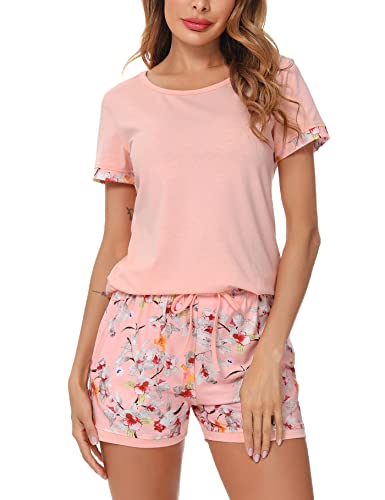 Aseniza Schlafanzug Damen Kurz Baumwolle Pyjama Set Rundhals Zweiteiliger Nachtwäsche Shorty Loungewear Sleepwear für Sommer,Rosa-1272,M von Aseniza