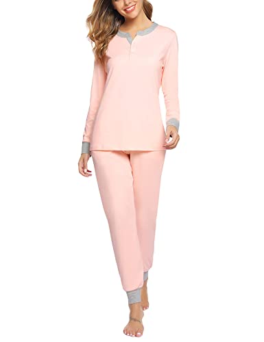 Aseniza Schlafanzug Damen Lang Pyjamas Baumwolle Zweiteiliger Nachtwäsche Lounge Set Langarm Hausanzug für Frauen mit Bündchen,A-Rosa,L von Aseniza