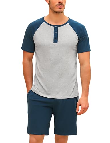 Aseniza Schlafanzug Herren Kurz Pyjama 100% Baumwolle Knopfleiste Zweiteiliger Sommer Pyjama mit Raglan Shirt und Pyjamahose von Aseniza