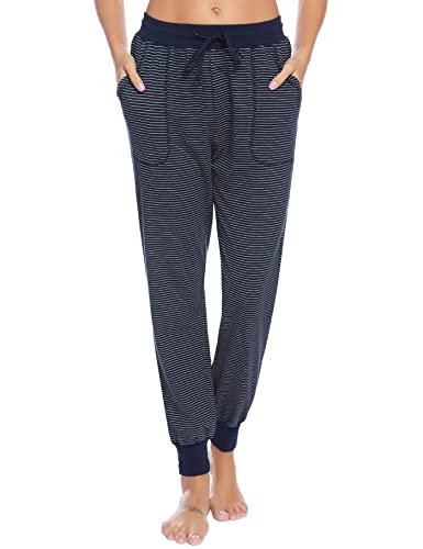 Aseniza Schlafanzughose Damen lang Pyjamahose Baumwolle Gestreifte Nachtwäsche Hose Freizeithosen Hausehose mit Zwei Taschen Pyjama für Sport Jogging Training Yoga,Dunkelblau,M von Aseniza