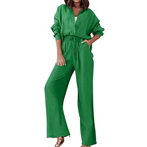 Ashleyzj Damen Zweiteiler Plissee Outfit Kleidung Freizeitanzug Elegant Hosenanzug 2 Teiler Set Weite Hose + Button Down Langarmshirt Einfarbig Loungewear Casual Streatwear Anzug (Green, M) von Ashleyzj