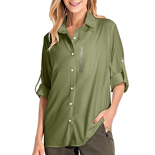 Damen Hemdbluse UV Schutz Langarmshirt Damen Schnell Trocknende Sport Shirts Wandershirt Safari Casual Button Up Tops Strandurlaub Elegant Bluse Langarm Funktionshemd Wanderhemd Safari Reisen Golf von Ashleyzj