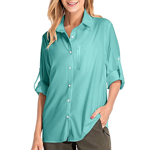 Damen Hemdbluse UV Schutz Langarmshirt Damen Schnell Trocknende Sport Shirts Wandershirt Safari Casual Button Up Tops Strandurlaub Elegant Bluse Langarm Funktionshemd Wanderhemd Safari Reisen Golf von Ashleyzj