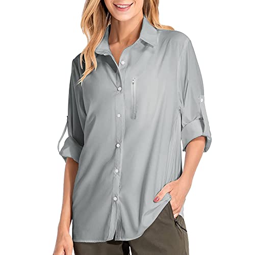 Damen Hemdbluse UV Schutz Langarmshirt Damen Schnell Trocknende Sport Shirts Wandershirt Safari Casual Button Up Tops Strandurlaub Elegant Bluse Langarm Funktionshemd Wanderhemd Safari Reisen Golf von Ashleyzj