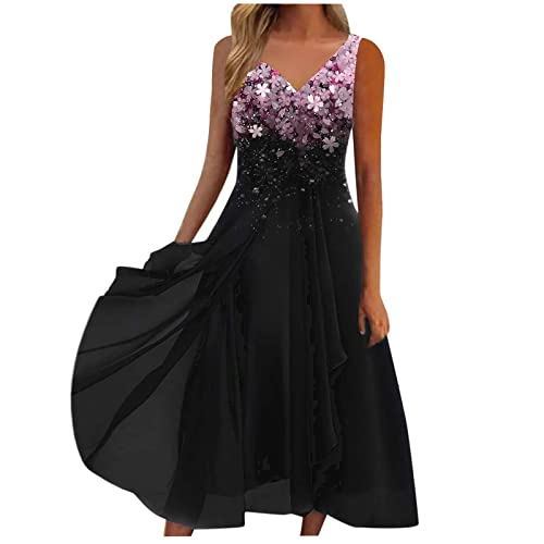 Sommerkleid Damen Knielang Chiffon Kleid Abendkleider Elegant FüR Hochzeit V-Ausschnitt Partykleid Spizen äRmellos Hoch Taille Vintage Swing Brautkleid Elegant A-Line Kleider Einfarbig Cocktailkleid von Ashleyzj