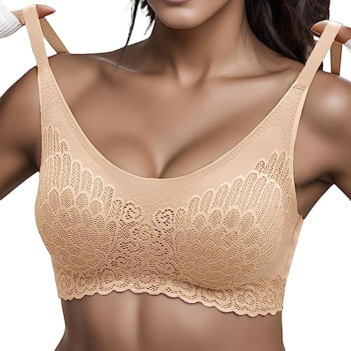 Asija BH Damen Spitze Entlastungs Ohne Bügel BH Große Brüste Starker Halt Gepolstert Top Mit Integriertem BH Sport BH Push Up Bügelloser Seamless Schlaf BH Damen Große Größen Khaki M von Asija