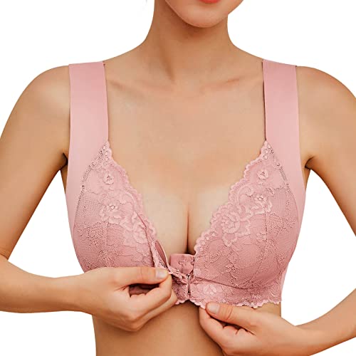 Asija Damen Soft Spitzen BH Vorderverschluss Gepolstert Bralette Nahtlose Bustier Push up Bügelloser Weicher Bustier Atmungsaktiver Bra für Schlafen Yoga Bra ohne Bügel BH Rosa XXL von Asija