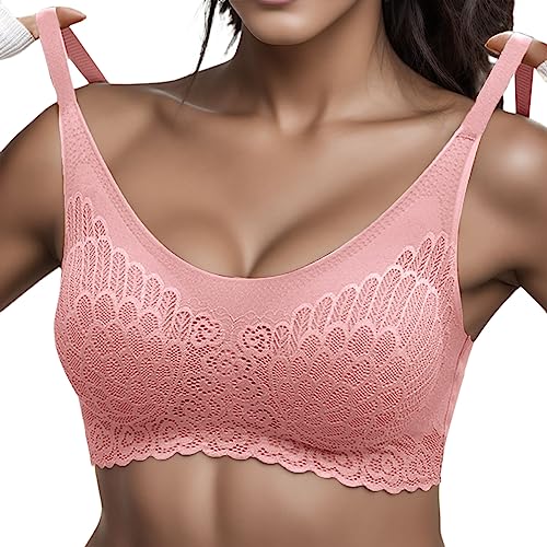 Asija Sport Push Up Spitzen BH Damen Sexy Ohne Bügel Top Mit Integriertem BH Große Brüste Starker Halt Push Up Schlaf Gym Welly Comfy BH Gegen Falten Spitze Bra Große Größen Bralette Damen Rosa 4XL von Asija