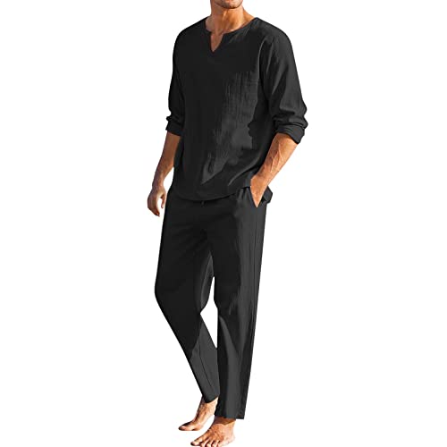 Herren Hausanzug Männer Stücke Baumwolle Leinen Set Henley Shirt Langarm Sport Zweiteiliger Anzug Kurzes Pyjama-Set für Männer und lässige Strandhose Sommer Yoga Outfits von Asija