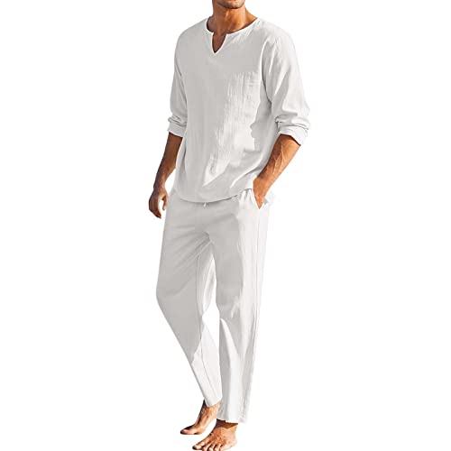 Herren Hausanzug Männer Stücke Sport Zweiteiliger Anzug Kurzes Pyjama-Set für Männer Baumwolle Leinen Set Henley Shirt Langarm und lässige Strandhose Sommer Yoga Outfits von Asija