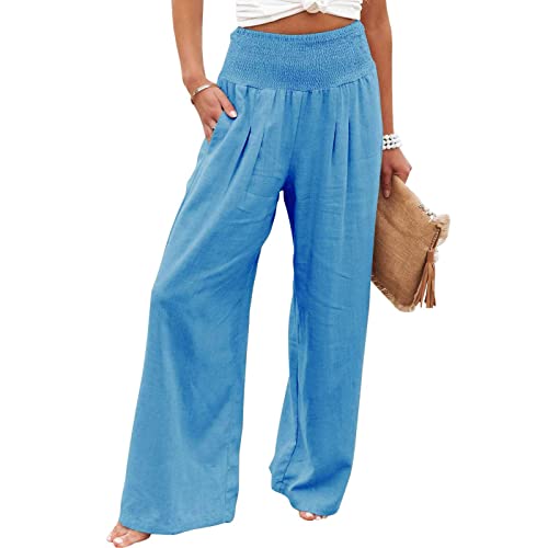 Astarcoo Hosen Damen Sommer Leinenhose Weites Bein Elegant High Waist Palazzo Hose Casual Freizeithose Stoffhose Yogahose Einfarbig Bequeme Leichte Strandhose Linen Pants mit Taschen von Astarcoo