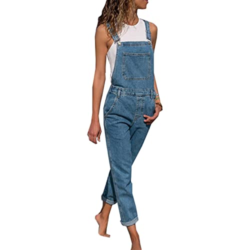 Damen-Overall, leger, lockere Passform, langer Denim-Overall, verstellbare Lätzchen, hohe Taille, Used-Look, zerrissene Jeans, Jumpsuit, Strampler mit Taschen (Himmelblau, XX-Large) von Aststle