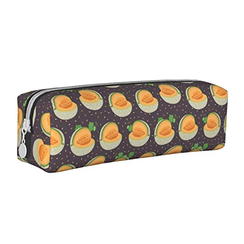 Atasc Cartoon Cantaloupe Fruit Pattern Leather Pencil Case with Metallic Zipper Pen Case Pouch Travel Makeup Pouch Large Capacity for Girls Boys Women Men, siehe abbildung, Einheitsgröße, von Atasc