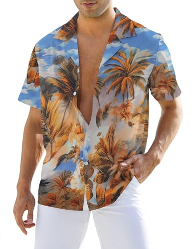 Atforna Hawaii Hemd Männer Festival Hemd Herren Kurzarm Freizeithemd Party Outfit Unisex Hawaiihemd Blumen Beach Shirt Sommer Blau Kokospalme XXL von Atforna