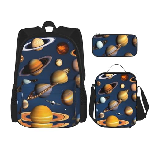 AthuAh Sonnensystem Planeten Rucksack,*# Mädchen Jungen Rucksack mit Lunchtasche und Federmäppchen 3-teiliges Set für Wandern, Schule, Ausflug, Schwarz , Einheitsgröße von AthuAh