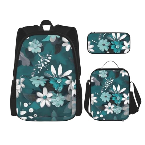 Blaugrün Grau und Weiß Floral Rucksack,*# Mädchen Jungen Rucksack mit Lunchtasche und Federmäppchen 3-teiliges Set für Wandern, Schule, Ausflug, Schwarz , Einheitsgröße von AthuAh