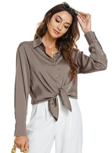 Atnlewhi Damen Bluse Langarm Knöpfen Satin Seide Hemden Basic Kent Kragen Arbeit Büro Formelle Casual Blusen Shirt - Braun - XL Atnlewhi Damen Bluse Langarm Knöpfen Satin Seide Hemden Basic Kent Kragen Arbeit Büro Formelle Casual Blusen Shirt - Braun - XL von Atnlewhi