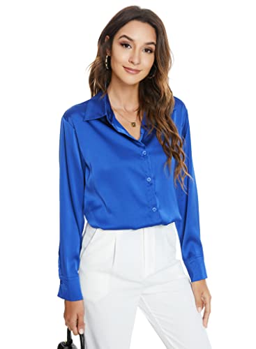 Atnlewhi Damen Bluse Langarm Knöpfen Satin Seide Hemden Basic Kent Kragen Arbeit Büro Formelle Casual Blusen Shirt - Dunkel Brillant Blau - M Atnlewhi Damen Bluse Langarm Knöpfen Satin Seide Hemden Basic Kent Kragen Arbeit Büro Formelle Casual Blusen Shirt - Dunkel Brillant Blau - M von Atnlewhi