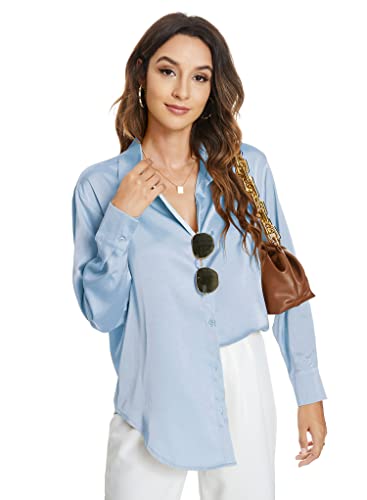 Atnlewhi Damen Bluse Langarm Knöpfen Satin Seide Hemden Basic Kent Kragen Arbeit Büro Formelle Casual Blusen Shirt - Hellblau - S von Atnlewhi