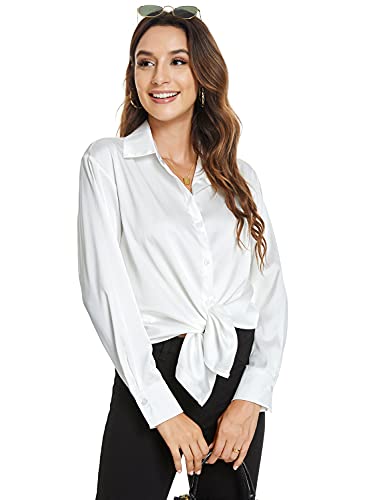 Atnlewhi Damen Bluse Langarm Knöpfen Satin Seide Hemden Basic Kent Kragen Arbeit Büro Formelle Casual Blusen Shirt - Weiß - M von Atnlewhi