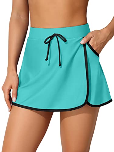 ATTRACO Damen-Schwimmröcke mit hoher Taille, Bikini, Badeanzüge, Taschen-Aqua/Schwarz, XL von Attraco