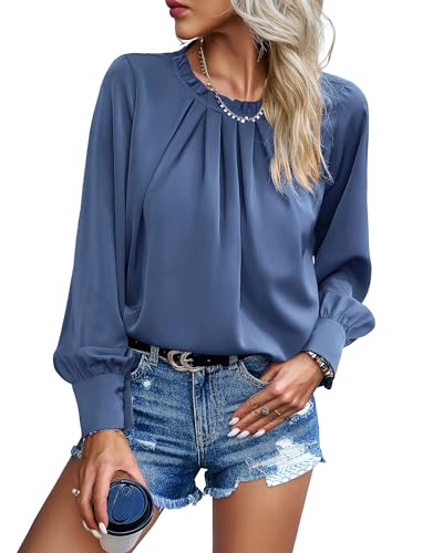 Atxnn Damen Bluse Chiffon Elegant Oberteile Langarm Tunika Falten Stehkragen Tops Casual Blusenshirt Locker Arbeit Shirts Hemd Streetwear von Atxnn