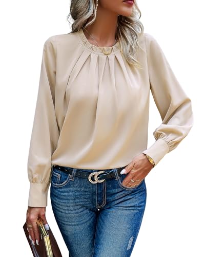 Atxnn Damen Bluse Chiffon Elegant Oberteile Langarm Tunika Falten Stehkragen Tops Casual Blusenshirt Locker Arbeit Shirts Hemd Streetwear von Atxnn