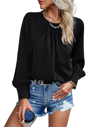 Atxnn Damen Bluse Chiffon Elegant Oberteile Langarm Tunika Falten Stehkragen Tops Casual Blusenshirt Locker Arbeit Shirts Hemd Streetwear von Atxnn