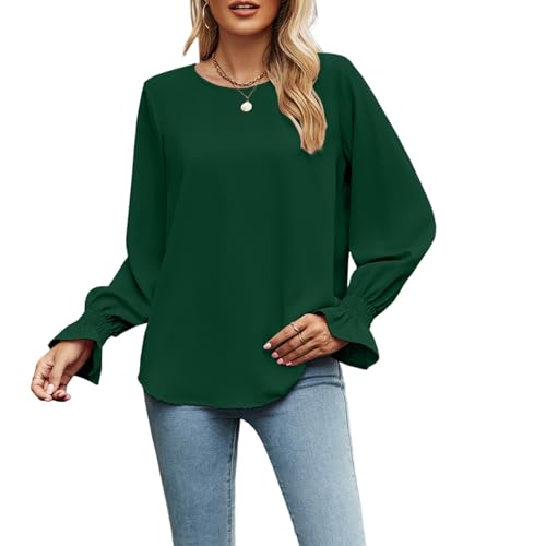 Atxnn Damen Bluse Langarm Chiffon Oberteile Elegant Rundhals Tops Einfarbig Lässige Casual Blusenshirt Locker Shirts Hemd für Frühling und Herbst von Atxnn