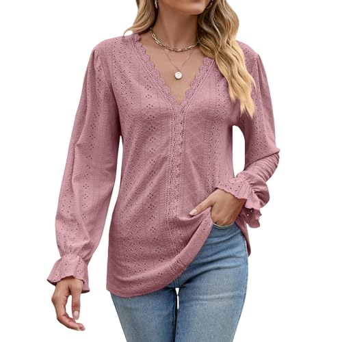 Atxnn Damen Bluse Langarmshirt Oberteile Elegant Pullover V-Ausschnitt Tunika Lässige Puffärmel Blusenshirt Basic Tops von Atxnn