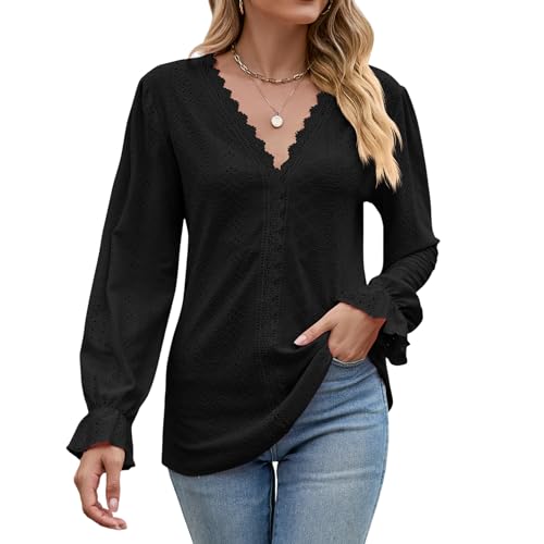 Atxnn Damen Bluse Langarmshirt Oberteile Elegant Pullover V-Ausschnitt Tunika Lässige Puffärmel Blusenshirt Basic Tops von Atxnn