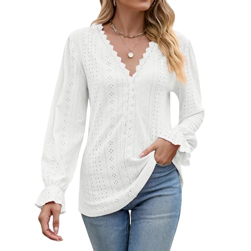 Atxnn Damen Bluse Langarmshirt Oberteile Elegant Pullover V-Ausschnitt Tunika Lässige Puffärmel Blusenshirt Basic Tops von Atxnn