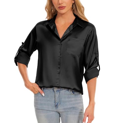 Atxnn Satin Bluse Damen Elegant Hemd 3/4 Ärmel Longbluse Seide Oberteile Business Lässig Tops Frühling Herbst Shirt mit Knopf, SCHWARZ M Atxnn Satin Bluse Damen Elegant Hemd 3/4 Ärmel Longbluse Seide Oberteile Business Lässig Tops Frühling Herbst Shirt mit Knopf, SCHWARZ M von Atxnn