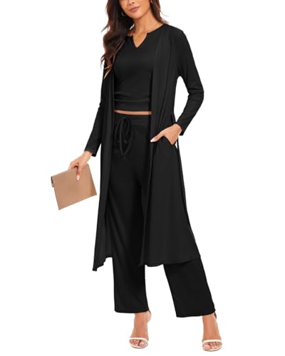 Atxnn Damen Schlafanzug 3-teilige Loungewear Pyjama Sets Langarm Offene Strickjacke Tanktops Palazzo-Hose Nachtwäsche mit Taschen und Gürtel, SCHWARZ M Atxnn Damen Schlafanzug 3-teilige Loungewear Pyjama Sets Langarm Offene Strickjacke Tanktops Palazzo-Hose Nachtwäsche mit Taschen und Gürtel, SCHWARZ M von Atxnn