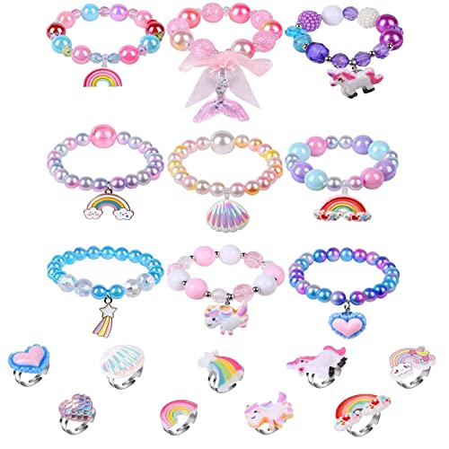 Aucuu 18 Stück Einhorn Armband Ring Set Mädchen Bunte Regenbogen Einhorn Perlen Armband mit Verstellbaren Ringe für Mädchen, Kinder für Geburtstagsfeier Gefälligkeiten Geburtstag Zubehör von Aucuu