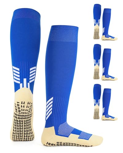 Auranso 3 Paar Fußballsocken Kinder Grip Socken Fussball Lang Football Socken Stutzen Fußball für Jungen und Mädchen (6-12 Jahre) Blau von Auranso