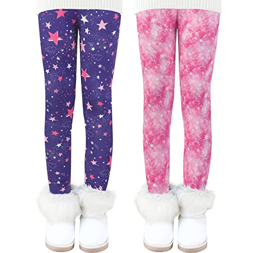 Auranso Thermo Leggings Mädchen Gefütterte Thermoleggings Warme Winter Dick Thermohose für Kinder,2er-Pack Lila Sterne/Rosa Sterne 122-128 von Auranso