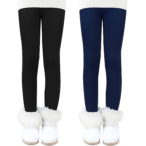 Auranso Thermo Leggings Mädchen Kinder Warme Gefüttert Leggings Winter Thermohose 2er Pack Schwarz/Marineblau 110-116 von Auranso