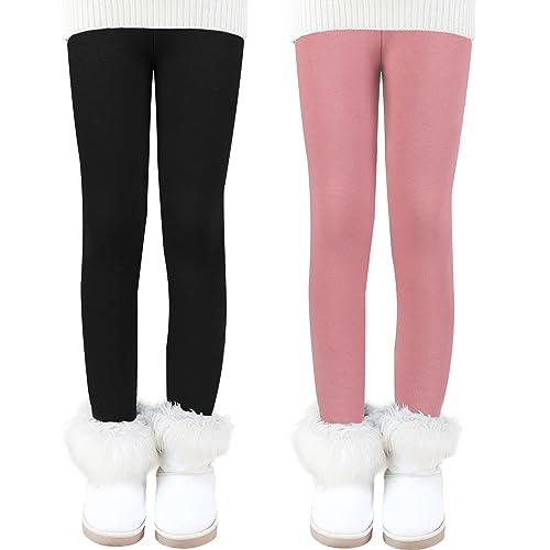 Auranso Thermo Leggings Mädchen Kinder Warme Gefüttert Leggings Winter Thermohose 2er Pack Schwarz/Rosa 110-116 von Auranso