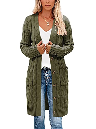 Earnmore Damen Strickjacke mit Zopfmuster, Lange Ärmel, offene Vorderseite, Knopf, Pullover, Mäntel, Oberbekleidung mit Taschen für Herbst und Winter, Armee-grün, XL von Earnmore