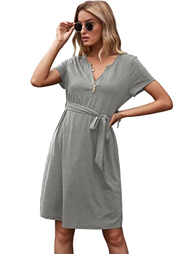 Aurueda Kleid Damen Elegant Sommerkleid Knielang Kurzarm Sommer Kleider A Linie V Ausschnitt Locker Kleider Freizeitkleid Grau, Größe S von Aurueda