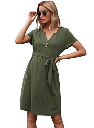 Aurueda Kleid Damen Elegant Sommerkleid Knielang Kurzarm Sommer Kleider A Linie V Ausschnitt Locker Kleider Freizeitkleid Grün, Größe L von Aurueda