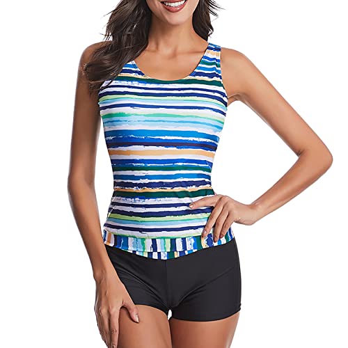 Ausla Damen Bauchweg Zweiteilig Tankini Set Druck Badeanzüge für Damen Tankini Oberteil mit Badeshorts(S-Grüner See) von Ausla